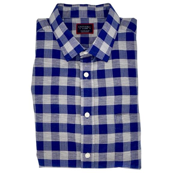 UNTUCKit Men's Button Up Shirt Blue Plaid XL Long Sleeve Cotton Linen Blend EUC - Picture 12 of 13